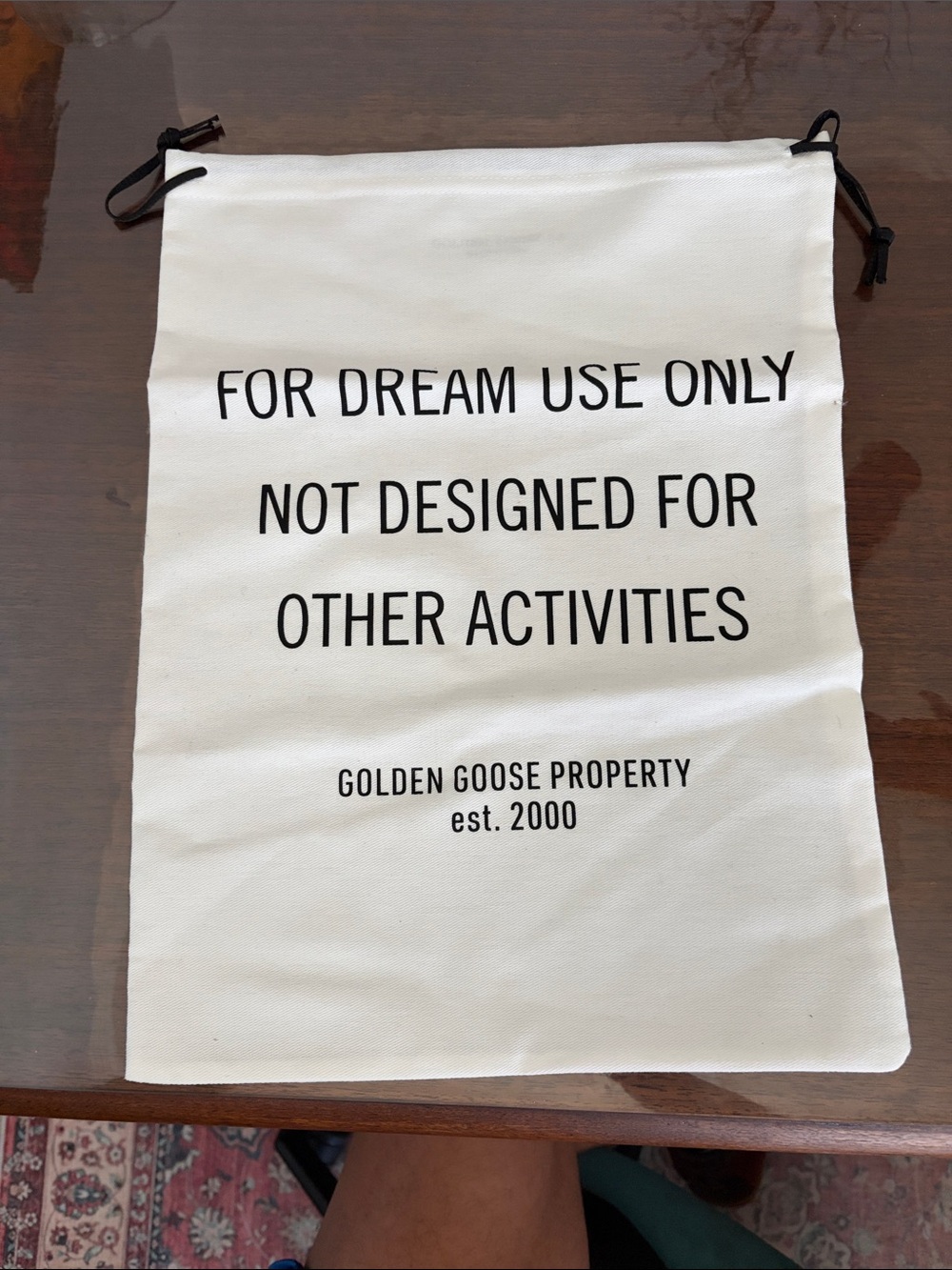 Golden Goose Cream Drawstring Dust Pouch with Black Text